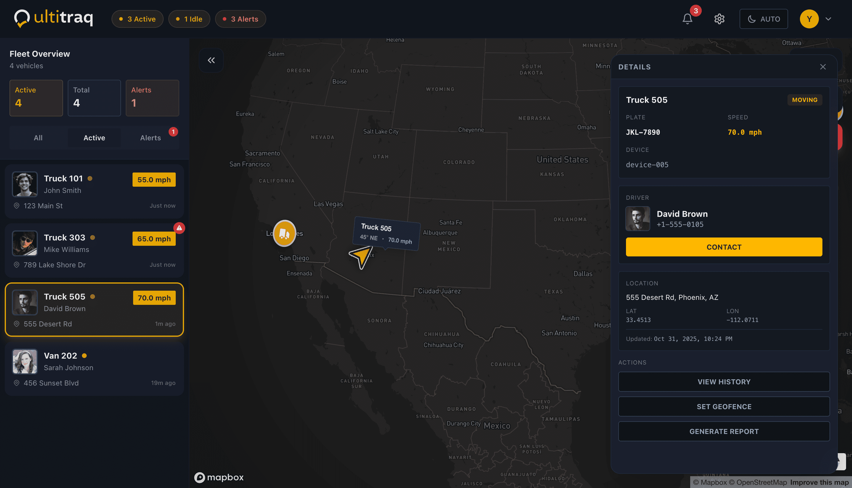 Vista de mapa con ubicaciones de vehículos, estado y progreso de ruta