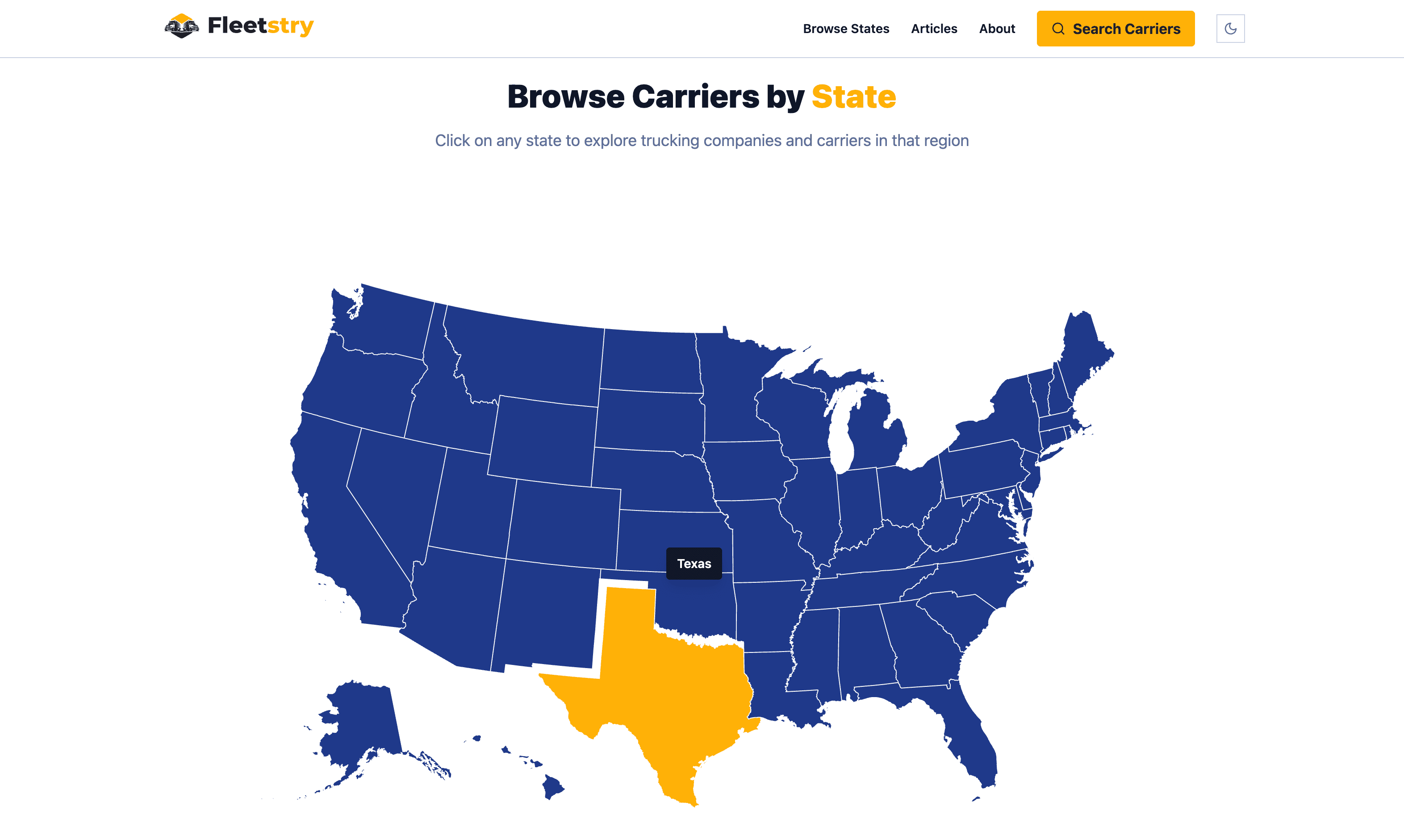 Explora por estado Mapa de Fleetstry para explorar transportistas por estado en EE. UU.